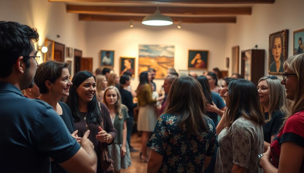 A lively community gathering in a cozy, well-lit hall. In the foreground, a group of diverse individuals engaged in animated discussions, their faces alight with enthusiasm. In the middle ground, people of all ages mingle, exchanging ideas and forming connections. The background reveals a warm, inviting atmosphere, with soft lighting casting a gentle glow and artwork adorning the walls, fostering a sense of creativity and collaboration. An atmosphere of mutual understanding and shared purpose pervades the scene, capturing the essence of "engajamento de comunidade" - community engagement in action.
