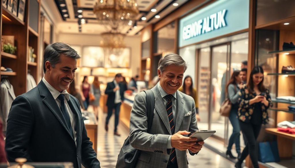 A lively, intricately detailed scene of a customer's journey through a warm, inviting retail space. The foreground features a well-dressed customer examining a product with a content expression, surrounded by tasteful decor and attentive sales staff. The middle ground showcases an effortless flow of foot traffic and vibrant displays, while the background reveals a modern, elegantly designed storefront flooded with soft, natural lighting. The overall atmosphere conveys a sense of attentive service, thoughtful design, and a memorable, personalized shopping experience.
