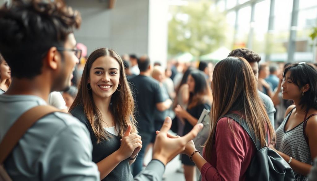 A lively public interaction scene, captured with a wide-angle lens in soft, natural lighting. A diverse group of people engaged in animated discussions, gesturing expressively and making eye contact. In the foreground, a young woman smiling as she listens intently to a friend. In the middle ground, a small cluster of people exchanging ideas, their body language open and inviting. In the background, a larger crowd milling about, creating a sense of energy and community. The overall atmosphere is one of openness, connection, and productive dialogue.