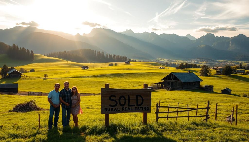 A lush, rolling countryside dotted with vibrant green fields and weathered wooden farmhouses. In the foreground, a family stands proudly beside their recently sold property, the "For Sale" sign now replaced with a "Sold" banner. Towering mountains rise in the distance, casting long shadows across the scene. Warm, golden sunlight filters through wispy clouds, creating a sense of tranquility and prosperity. A rustic, hand-painted sign reads "Rural Real Estate Marketing" in the middleground, complementing the earthy tones and natural textures throughout. The overall atmosphere conveys the successful marketing and sale of this picturesque rural estate.