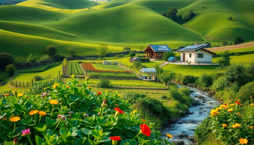 A lush, verdant landscape with rolling hills and a tranquil stream winding through. In the foreground, a diverse array of thriving plants and flowers, their vibrant hues reflecting the warm, natural lighting. The middle ground features a small, self-sustaining farm with neatly tended plots, organic produce, and a composting station. In the background, a modern, energy-efficient home nestled among the greenery, its solar panels gleaming. The overall scene conveys a sense of harmony, balance, and a deep respect for the environment, showcasing the power of sustainable practices to create a healthier, more sustainable world.