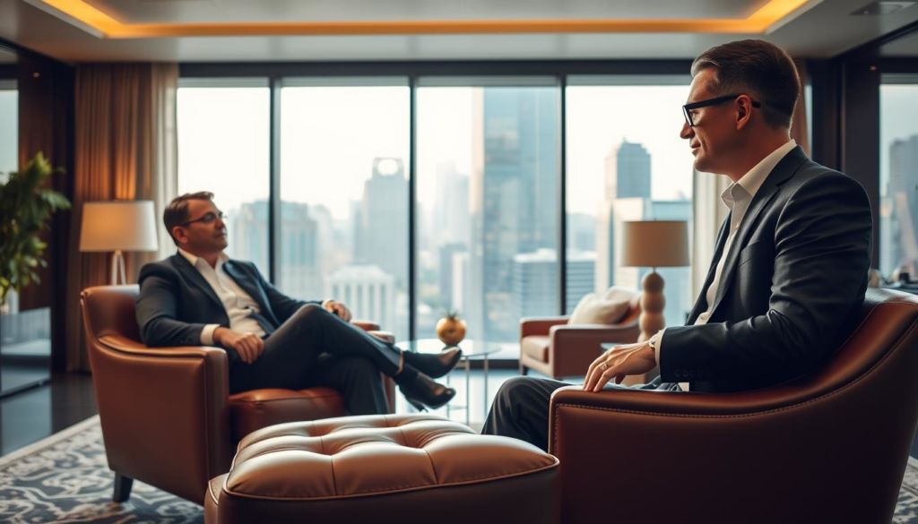 A luxurious, modern office interior with a large window overlooking a bustling city skyline. In the foreground, a well-dressed customer sits comfortably on a plush leather armchair, engaged in a thoughtful discussion with a sophisticated-looking sales representative. The lighting is warm and inviting, creating a sense of exclusivity and attention to detail. The middle ground features elegant furniture, meticulously arranged, conveying a personalized and high-end customer experience. In the background, the cityscape beyond the window suggests a connection to the wider world, emphasizing the brand's global reach and prestige. The overall atmosphere is one of refined elegance, attentive service, and a seamless blend of the physical and virtual realms, capturing the essence of a premium customer experience.