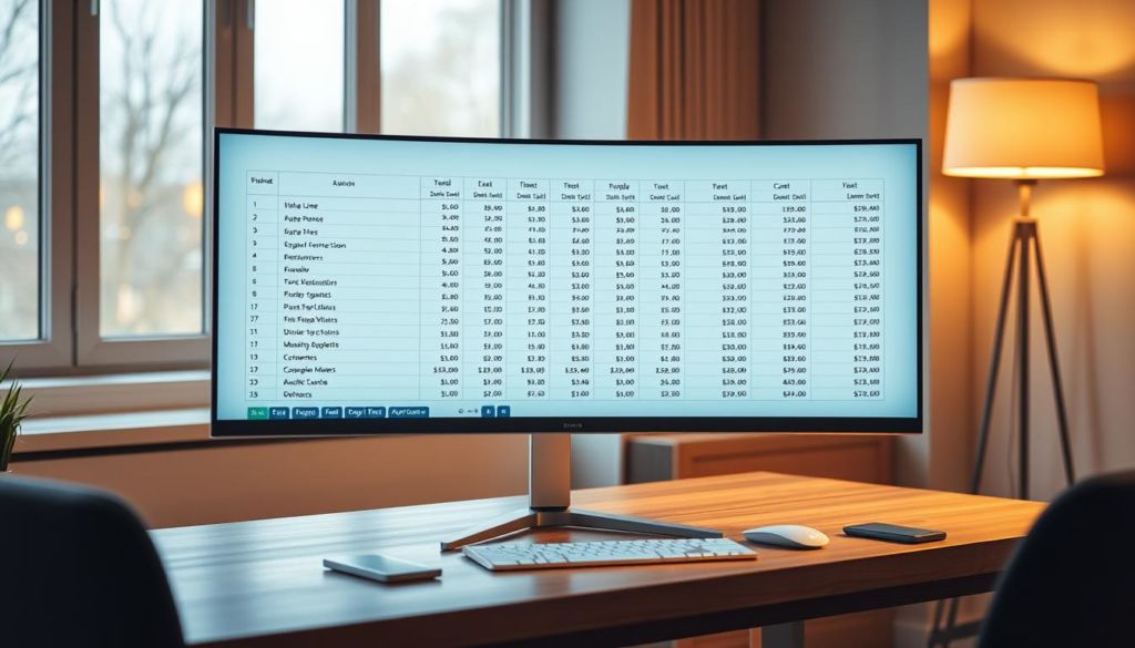 A meticulous financial spreadsheet with detailed budget line items, neatly organized and displayed on a sleek ultrawide monitor. The layout is clean and professional, with a soothing pale blue color scheme and subtle grid lines guiding the eye. The monitor is positioned on a minimalist wooden desk, the screen angled slightly to create an inviting workspace. Warm indirect lighting from a floor lamp and large windows casts a soft glow, highlighting the precision and focus required for effective website cost planning. The overall scene conveys a sense of order, diligence, and strategic financial decision-making.