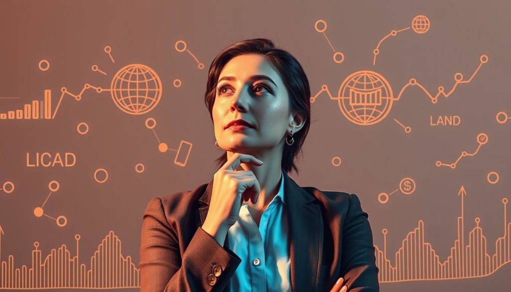 A meticulously composed scene depicting the concept of "lead nurturing" - a businesswoman in a thoughtful pose, surrounded by flowing data streams, delicate line art representations of the buyer's journey, and a warm, inviting color palette that evokes a sense of guidance and care. The lighting is soft and directional, casting subtle shadows that add depth and dimension to the image. The camera angle is slightly elevated, giving the viewer a sense of observing this intimate moment of introspection and strategy. The overall mood is one of contemplation, professionalism, and a touch of optimism, capturing the essence of effective lead nurturing within the buyer's journey.