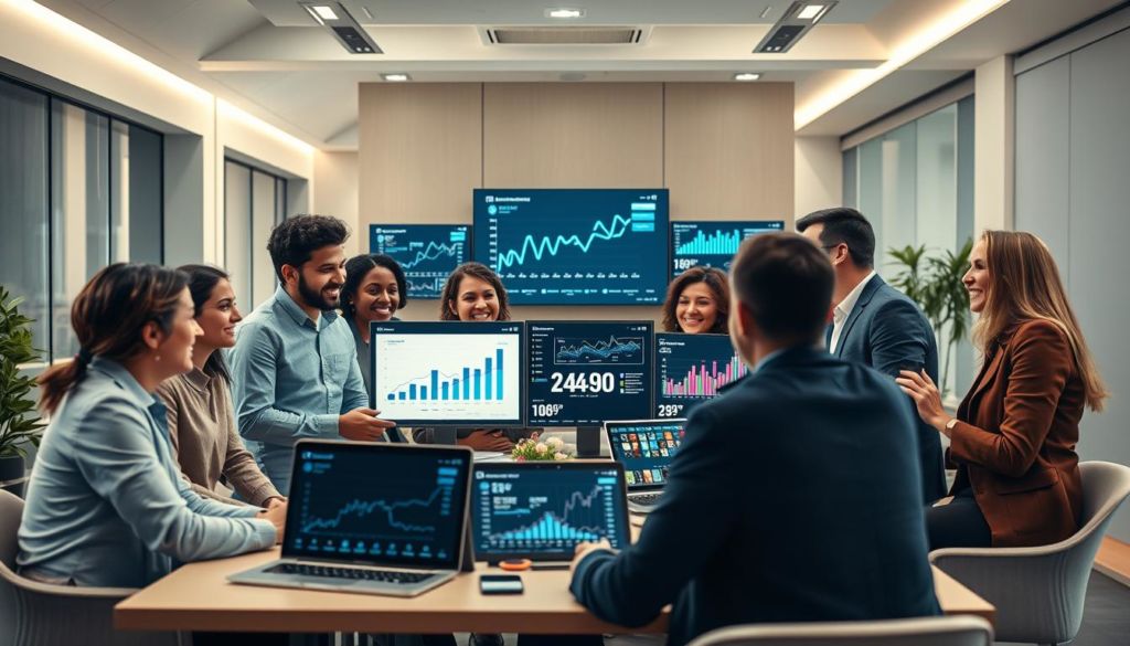 A meticulously composed scene showcasing the results of an effective advertising campaign. In the foreground, a group of diverse individuals gathered around a table, engaged in animated discussion, their expressions conveying a sense of enthusiasm and satisfaction. In the middle ground, an array of digital devices and screens displaying various metrics, graphs, and data visualizations, highlighting the quantifiable success of the advertising efforts. The background features a sleek, modern office setting, with geometric architectural elements and minimalist decor, creating an atmosphere of professionalism and innovation. Soft, directional lighting illuminates the scene, casting subtle shadows and emphasizing the interplay of form and function. The overall mood is one of accomplishment, collaboration, and a deep understanding of the power of data-driven advertising strategies.