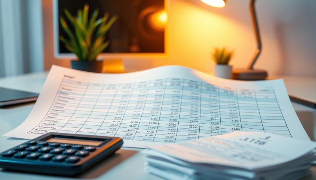A meticulously crafted budget spreadsheet, its columns and rows neatly organized, casting a warm glow under the soft light of a desk lamp. In the foreground, a calculator and a stack of receipts, symbolic of the careful tracking of expenses. The background features a modern, minimalist office setting, with a sleek computer monitor and a potted plant, conveying a sense of efficiency and professionalism. The overall atmosphere is one of thoughtful financial planning, with an emphasis on attention to detail and responsible resource allocation.