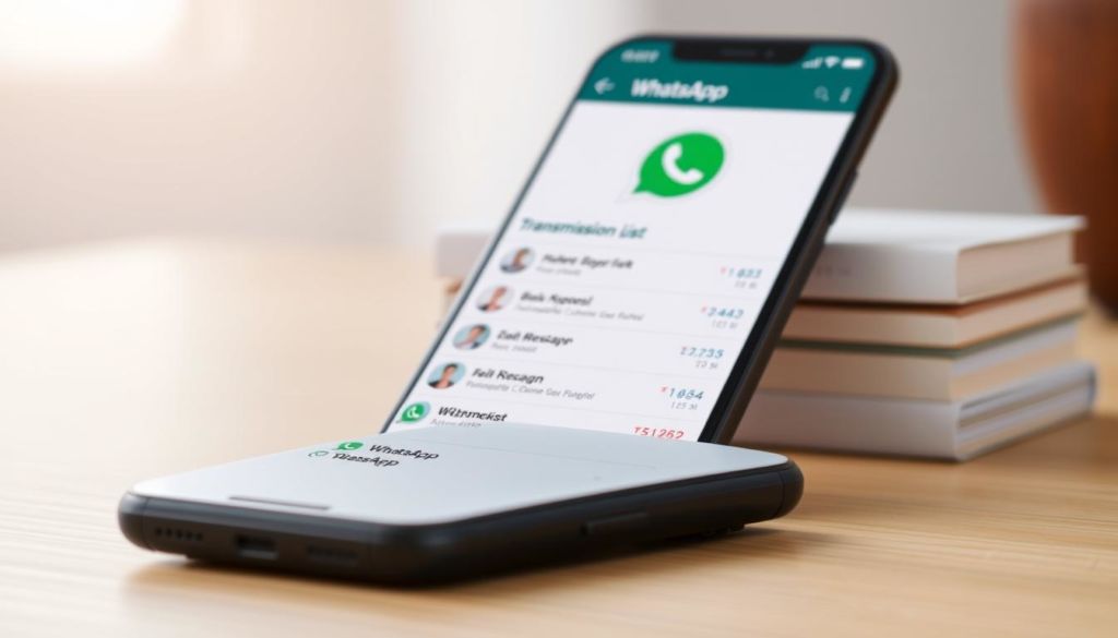 A meticulously crafted image of WhatsApp Business transmission lists, captured through a crisp, professional lens. In the foreground, a smartphone screen displays a well-organized list of contacts, each represented by a profile picture and name. The middle ground showcases the clean, minimal interface of the WhatsApp application, with the transmission list prominently featured. The background subtly blurs, creating a sense of depth and focus on the key elements. The lighting is soft and natural, enhancing the sleek, modern aesthetic. The overall mood is one of efficiency, organization, and the power of targeted communication tools for businesses.