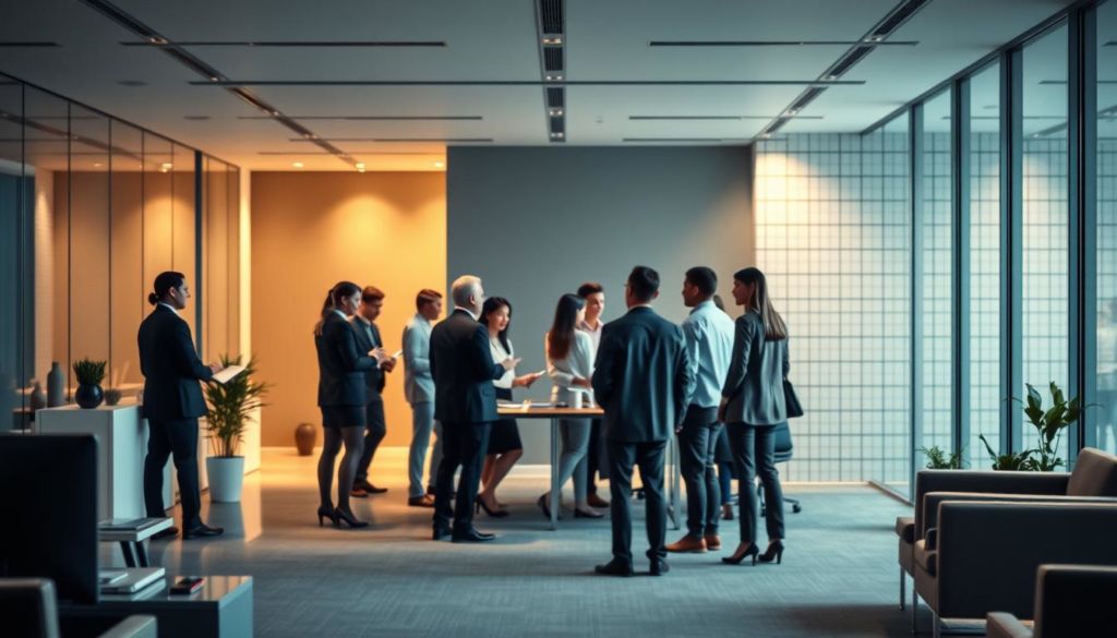 A meticulously crafted organizational culture assessment, captured in a visually striking composition. In the foreground, a sleek, modern office environment with clean lines and minimalist decor, conveying a sense of professionalism and efficiency. In the middle ground, a diverse team of employees engaged in collaborative discussions, representing the human element of the assessment process. The background features a subtle grid pattern, symbolizing the analytical framework underpinning the evaluation, bathed in warm, focused lighting that enhances the mood of contemplation and strategic insight. The overall image evokes a balance between the tangible and intangible aspects of organizational culture, ready to illustrate the key methodologies for a comprehensive assessment.