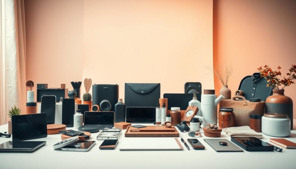 A meticulously crafted still life showcasing the quality and care of a range of expertly curated consumer products. In the foreground, an array of diverse items arranged with deliberate precision - from sleek electronics to artisanal housewares, each piece exuding a palpable sense of premium craftsmanship. The mid-ground features a clean, minimalist backdrop, allowing the products to take center stage, while the background bathes the scene in warm, diffused lighting that accentuates the products' visual appeal and material textures. An atmosphere of refined elegance and attention to detail permeates the composition, conveying the essence of "qualidade dos produtos" through a visually captivating and aspirational lens.