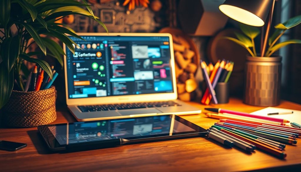A meticulously crafted workspace, bathed in warm lighting and rich, natural textures. In the foreground, an assortment of creative tools - a digital tablet, a sleek stylus, and a collection of vibrant markers and pens. In the middle ground, a laptop display showcases various software interfaces, hinting at the digital realm of interactive content creation. The background features a tasteful blend of technological elements, such as circuit boards and coding interfaces, juxtaposed with organic elements like leaves and wooden accents, creating a harmonious fusion of the analog and digital worlds.