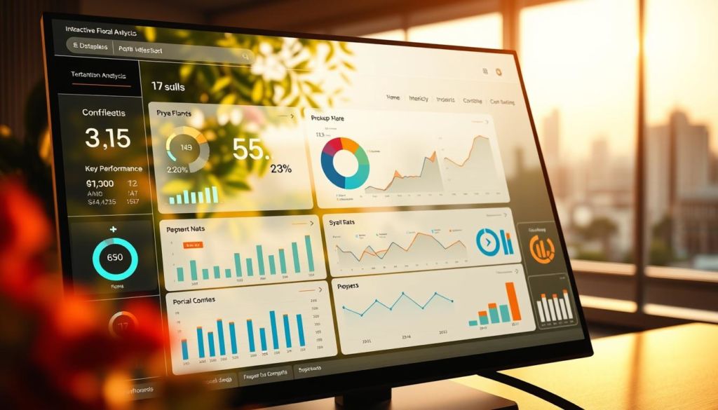 A meticulously detailed business analytics dashboard, showcasing a comprehensive performance analysis of a thriving floral e-commerce website. The foreground features an elegant, data-rich interface with sleek infographics, interactive charts, and key performance indicators presented in a clean, minimalist style. The middle ground depicts a serene, sun-dappled garden scene, hinting at the vibrant and natural world that inspired the website's design. In the background, a soft, blurred cityscape suggests the broader commercial landscape in which the online business operates. Warm, golden lighting casts a professional, authoritative tone, while subtle camera angles and depth of field draw the viewer's attention to the central analytical display.