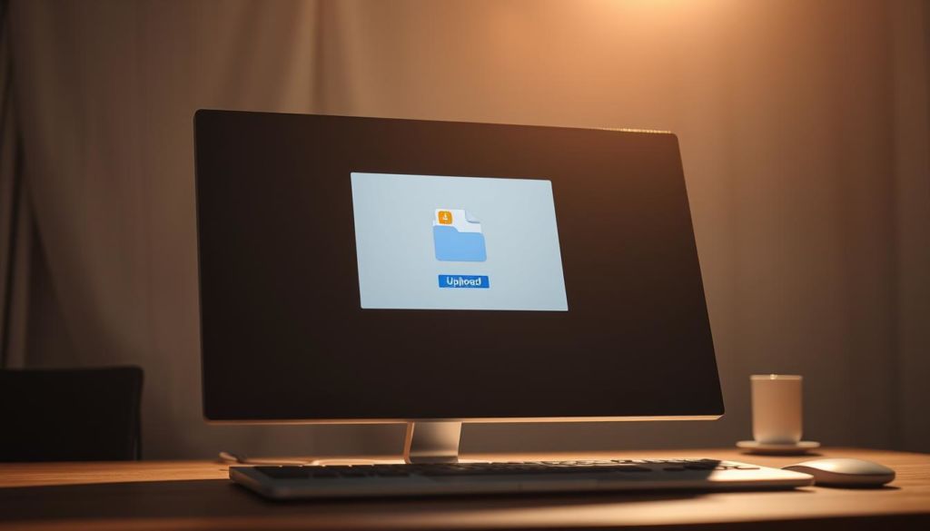A meticulously organized Google Drive upload interface, bathed in warm, inviting lighting. In the foreground, a sleek desktop computer displays the Google Drive upload dialog, its clean lines and intuitive layout beckoning the user. In the middle ground, a stylized folder icon floats, suggesting the seamless integration of local files with the cloud storage service. The background features a subtle gradient, evoking a sense of digital sophistication and technological prowess. The overall scene conveys efficiency, accessibility, and the empowering potential of Google Drive as a reliable file management solution.