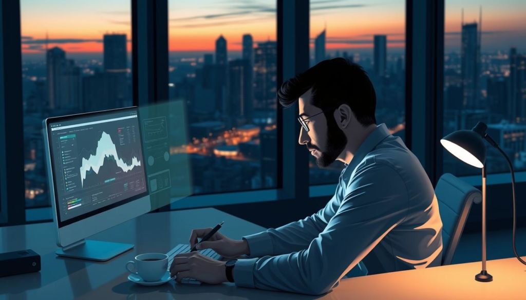 A meticulously personalized digital illustration depicting a thoughtful data analysis session. The foreground shows a person deeply immersed in studying a sleek, holographic data visualization projected before them, their face illuminated by the soft glow of the display. The middle ground features a modern, minimalist workspace with a stylish computer, writing implements, and a cup of fresh coffee. The background showcases a serene, dimly lit office environment with a large window offering a panoramic view of a bustling city skyline at twilight. The overall mood is one of focused concentration, technological sophistication, and a sense of professional accomplishment.