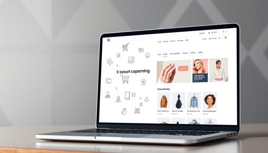 A minimalist, clean and modern website layout with a focus on e-commerce optimization. The foreground features a laptop display showcasing a sleek, responsive e-commerce website design with high-quality product images, intuitive navigation, and clear calls-to-action. The middle ground depicts various e-commerce optimization icons and elements, such as shopping carts, analytics graphs, and conversion rate metrics. The background has a subtle geometric pattern in muted tones, creating a sense of professionalism and attention to detail. The lighting is soft and indirect, highlighting the website's features without harsh shadows. The overall mood is one of efficiency, user-friendliness, and a strong emphasis on driving conversions.