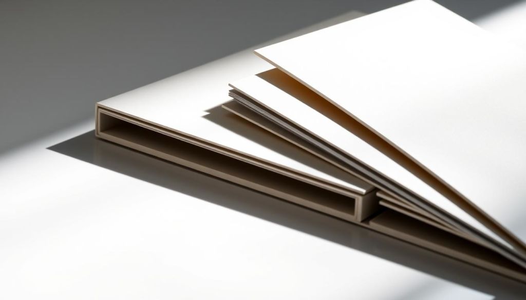 A minimalist, clean-lined portfolio structure laid out on a sleek, glossy surface. Crisp, high-contrast lighting illuminates textured ivory pages, their edges neatly aligned. Divider tabs in a muted, sophisticated palette demarcate distinct sections. The overall aesthetic is elegant, refined, and professional - a striking visual representation of the portfolio's carefully curated content. The composition emphasizes the portfolio's core functionality and organizational clarity, inviting the viewer to envision its thoughtful, versatile design.