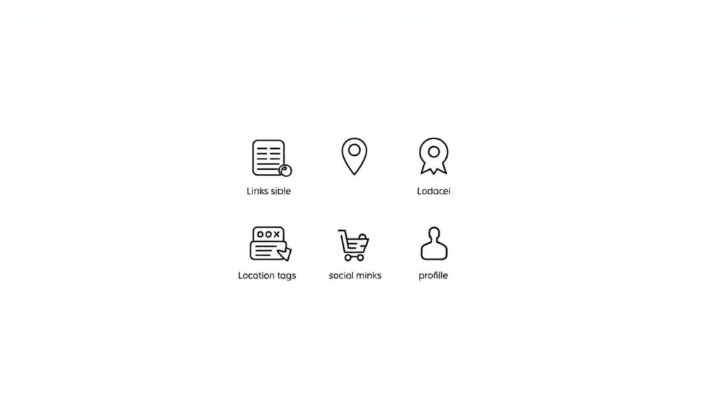 A minimalist, elegantly designed illustration depicting various types of links that can be used in Instagram Stories. A clean, white background provides a simple, uncluttered canvas. In the foreground, a set of stylized icons representing different link types - clickable website links, contact information, location tags, ecommerce product links, and social media profile links - are neatly arranged in a grid formation. The icons are rendered in a modern, monochromatic color palette, with subtle shadows and highlights to add depth and dimension. The overall composition has a sleek, professional feel, conveying the versatility and functionality of the available link options for Instagram Stories.