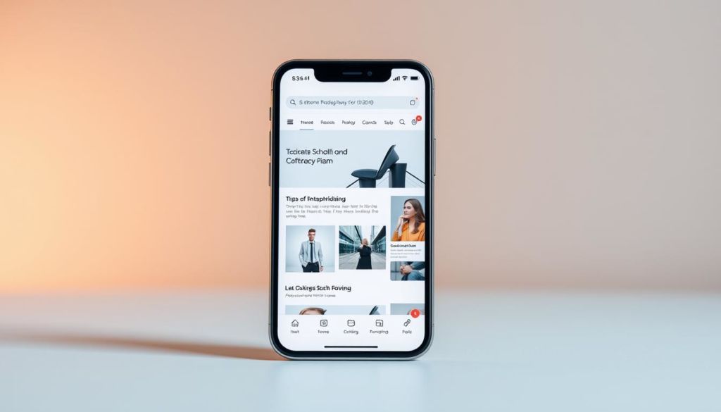 A minimalist mobile phone screen showcasing a clean, responsive web design. The foreground features a sleek device with elegant lines and a vibrant display, seamlessly integrated with the website's content. The middle ground presents a visually appealing layout, with intuitive navigation and eye-catching imagery. The background subtly hints at a sophisticated palette of soft blues and grays, creating a modern, professional atmosphere. Warm lighting gently illuminates the scene, emphasizing the device's premium quality and the website's user-friendly interface. The overall composition conveys a sense of effortless mobile optimization, highlighting the importance of designing for the small screen.