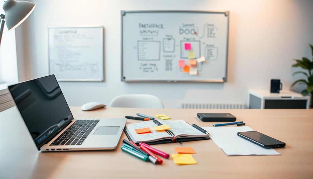 A minimalist office desk with a laptop, notebook, and a variety of prototyping tools such as colored markers, sticky notes, and a mobile device. In the background, a whiteboard displays a user interface design concept. The lighting is soft and warm, creating a focused and collaborative atmosphere. The overall scene conveys the iterative process of prototyping and usability testing, a key part of the user-centered design approach described in the book "Don't Make Me Think" by Steve Krug.