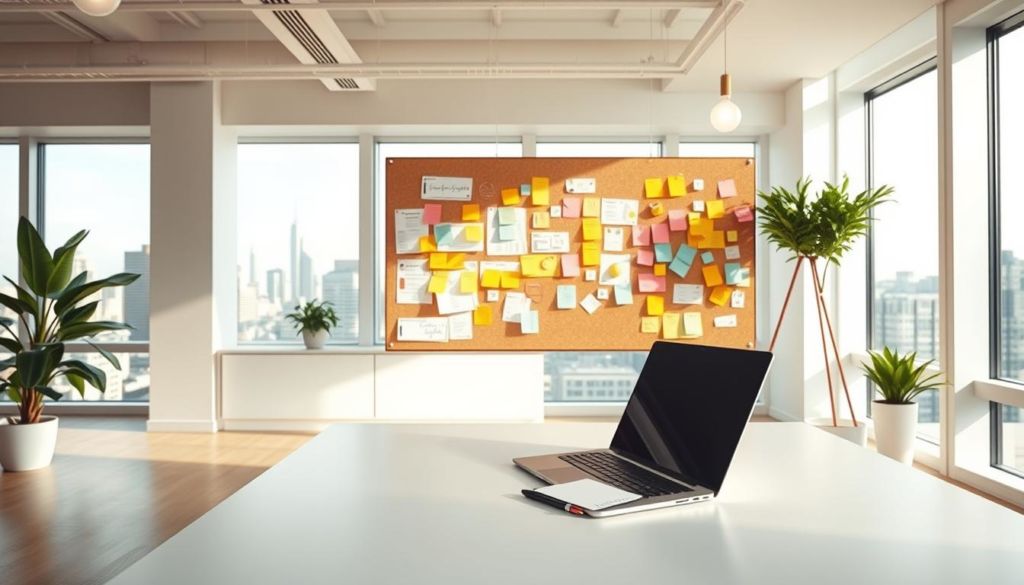 A minimalist office interior with a bright, airy atmosphere. In the foreground, a clean white desk with a laptop, pen, and notepad. In the middle ground, an array of colorful sticky notes and diagrams pinned to a corkboard, representing the strategic elements of inbound marketing. In the background, large windows overlooking a cityscape, bathing the scene in warm, natural light. The overall mood is one of focus, creativity, and a methodical approach to building an effective inbound marketing strategy.