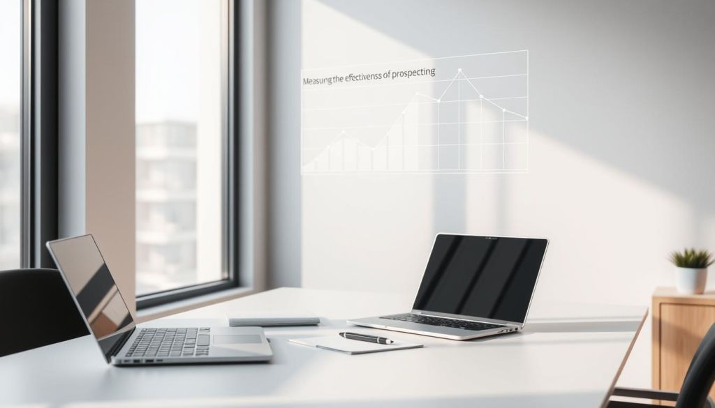 A minimalist office workspace with a laptop, notebook, and pen on a clean, modern desk. Soft, diffused natural light filters in through a large window, casting gentle shadows and highlighting the workspace. The color palette is muted, with shades of gray, white, and wood tones creating a calming, focused atmosphere. A chart or graph visualizing data points and metrics hovers above the desk, illustrating the "measuring the effectiveness of prospecting" concept. The overall scene conveys a sense of productivity, analysis, and data-driven decision making.