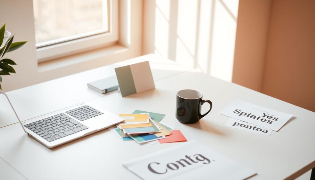 A minimalist workspace featuring a sleek laptop, a stylish mug, and a variety of color swatches and font samples neatly arranged on a clean, white desk. Warm, natural lighting filters through a large window, casting a soft glow over the scene. The overall atmosphere is one of thoughtful organization and design inspiration, reflecting the "Seleção de Fontes e Cores" section of the "Guia Prático de HTML para Email Marketing" article.