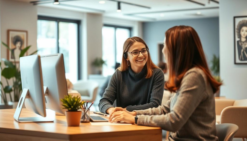 A modern and cozy customer service office with a friendly, welcoming atmosphere. In the foreground, a customer service representative smiles warmly while assisting a customer seated at a stylish desk, their faces close in friendly conversation. The middle ground features a well-organized workspace with a desktop computer, stationery, and a potted plant, conveying professionalism and attentiveness. The background showcases a softly lit, inviting space with subtle wall art, comfortable seating, and a sense of openness, suggesting a customer-centric environment. Diffused lighting from large windows creates a natural, ambient glow, enhancing the overall mood of approachability and connection.