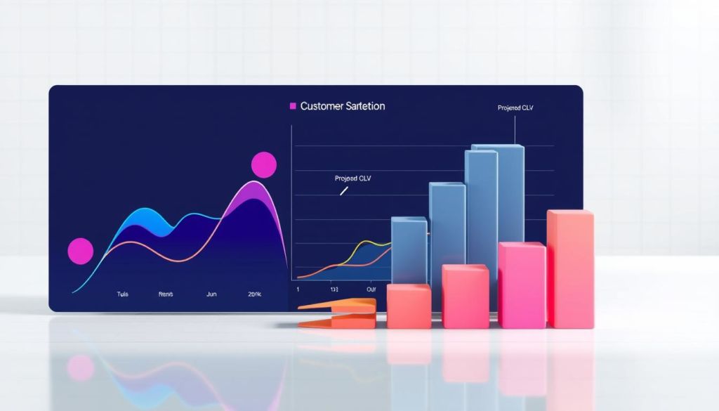 A modern and dynamic data visualization depicting customer segmentation and customer lifetime value (CLV). In the foreground, a sleek graph showcases different customer segments, each represented by a distinct color and shape. The middle ground features a three-dimensional chart projecting the projected CLV for each segment, with smooth animations highlighting the relative growth potential. The background is a clean, minimalist workspace, with subtle gridlines and soft lighting creating a professional, analytical atmosphere. The overall composition conveys a sense of data-driven insights and strategic decision-making, perfectly suited to illustrate the "Segmentação de Clientes e CLV" section of the article.