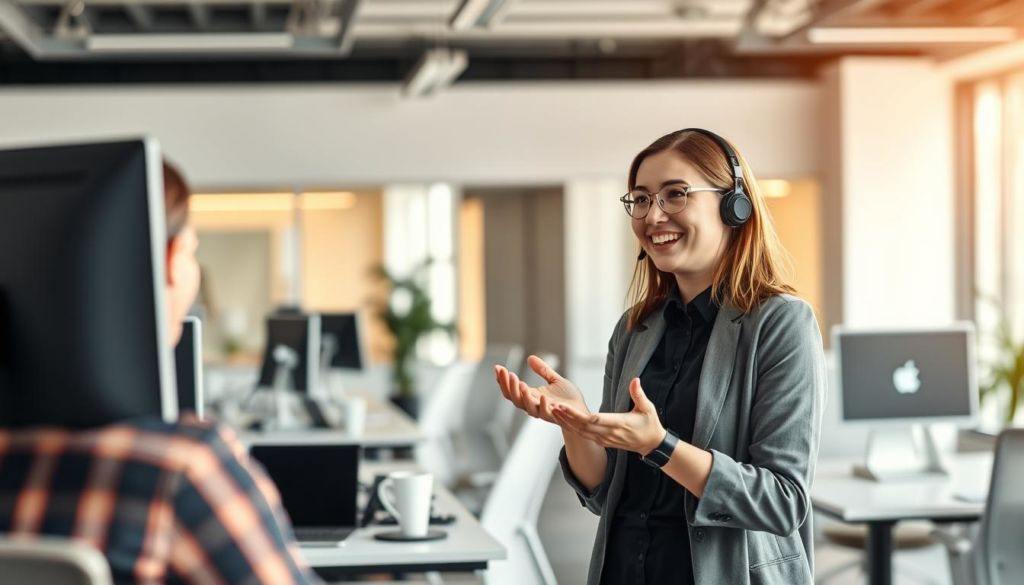 A modern and dynamic office setting, showcasing efficient post-sales communication. In the foreground, a customer service representative gestures while discussing details with a satisfied customer on a video call, her expression conveying empathy and professionalism. The middle ground features a tidy, well-organized workspace with sleek monitors, ergonomic furniture, and subtle branding elements. The background is softly lit, with a warm, inviting ambiance that promotes a positive, collaborative atmosphere. The overall scene captures the essence of seamless post-sales support, where technology, well-trained staff, and a customer-centric approach converge to create a memorable and personalized experience.