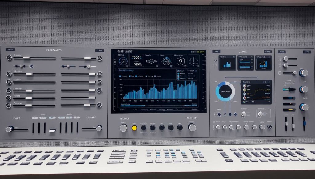 A modern and minimalist control panel displaying a variety of technical settings and configurations. The foreground shows an array of sliders, switches, and indicators representing parameters like network connectivity, system performance, security protocols, and power management. The middle ground features a central display with detailed graphs, charts, and visualizations of system data. The background has a subtle grid pattern and muted color tones, creating a clean and professional atmosphere. The lighting is soft and evenly distributed, highlighting the sleek and futuristic design of the interface. The camera angle is slightly elevated, giving an overview of the entire control panel layout.