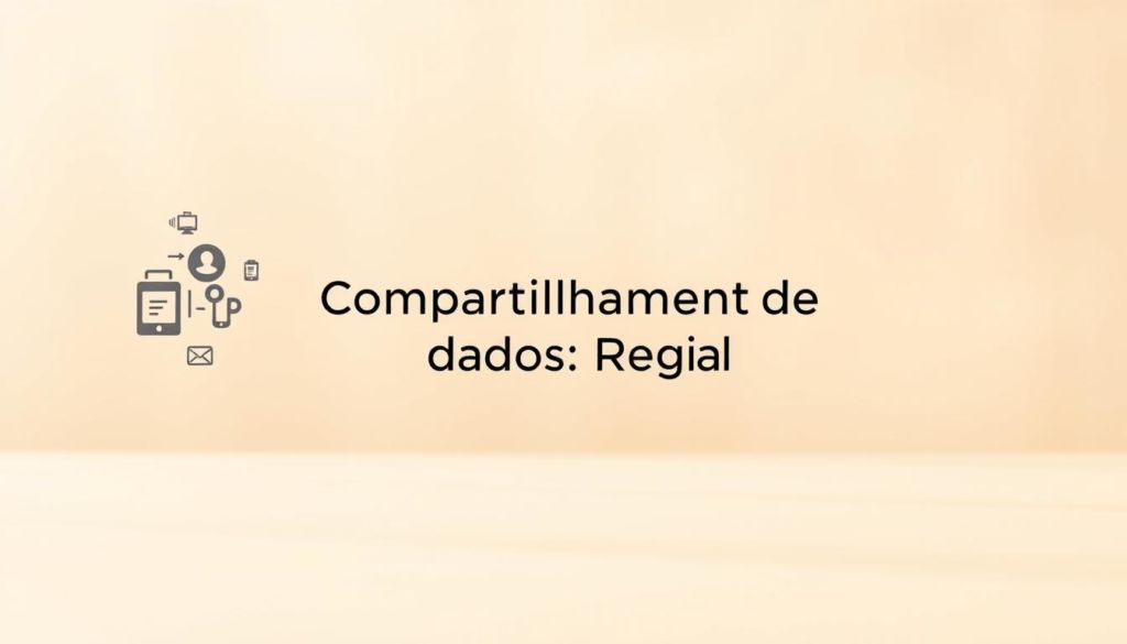 A modern and minimalist data sharing rules illustration. In the foreground, a simple geometric arrangement of overlapping data icons, conveying the idea of data exchange. The middle ground features clean, sans-serif typography spelling out the section title "Compartilhamento de dados: Regras gerais" against a subtly textured background. The background is a soft, blurred gradient, evoking a sense of digital infrastructure and information flow. Warm, diffused lighting from the top left casts gentle shadows, creating depth and dimensionality. The overall aesthetic is sleek, professional, and focused on clearly communicating the subject matter.