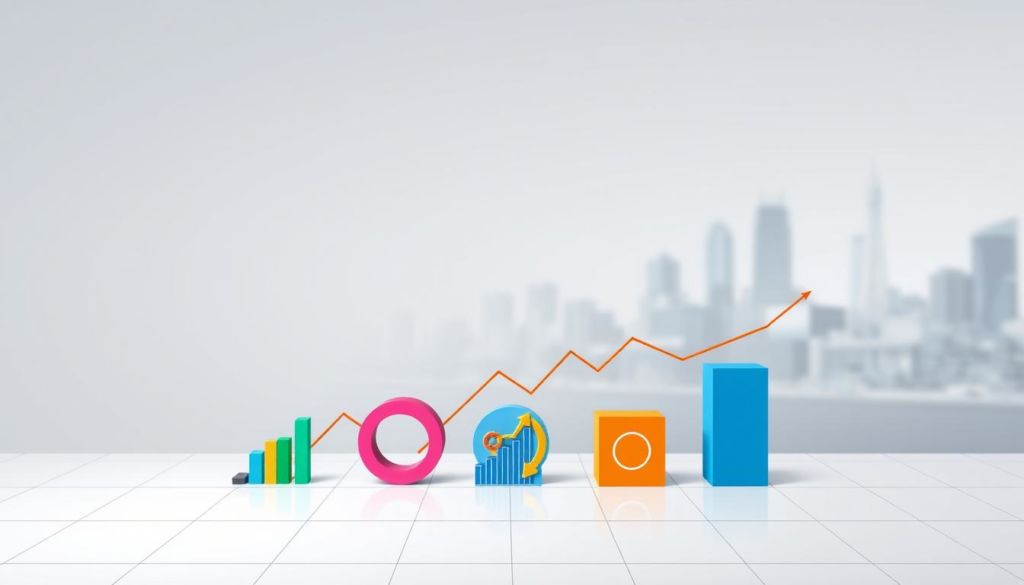 A modern and minimalist infographic depicting the key performance indicators (KPIs) used in digital business monitoring. In the foreground, a series of colorful geometric shapes and icons visually represent various KPI metrics such as website traffic, conversion rates, sales revenue, and customer engagement. The middle ground features a clean, white background with subtle grid lines, allowing the KPI elements to stand out prominently. In the background, a faint, blurred cityscape or technology-inspired landscape provides a sophisticated, urban context. The overall composition conveys a sense of clarity, organization, and data-driven insights, reflecting the "Monitorando Resultados e KPIs" section of the digital business guide.