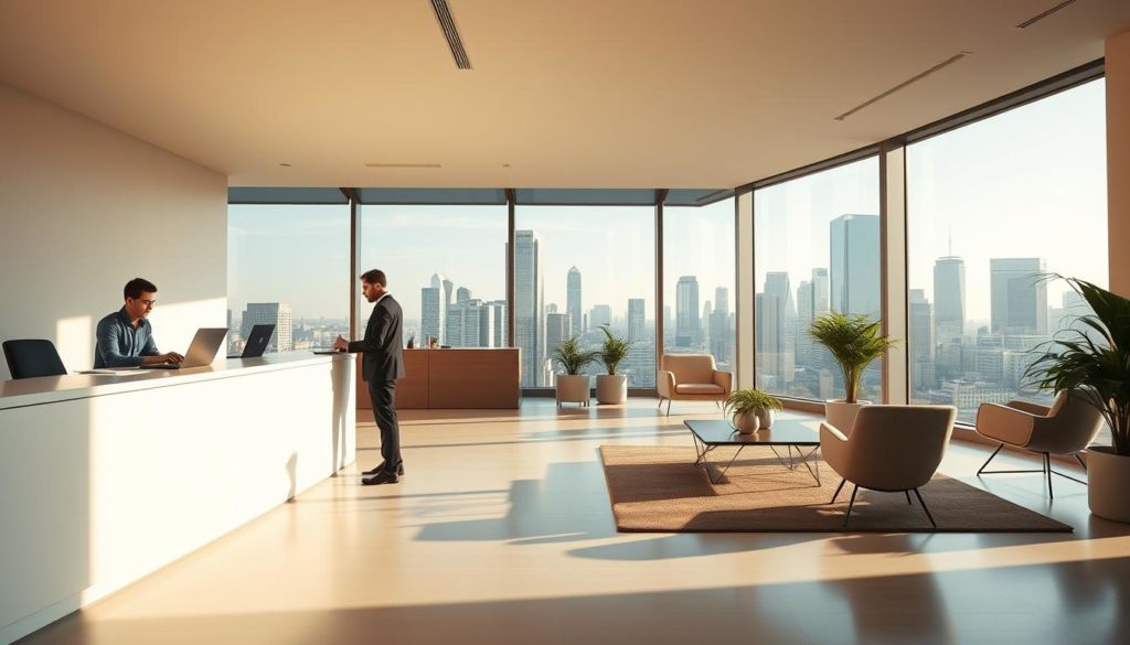 A modern and minimalist office interior with a reception desk, chairs, and a large window overlooking a city skyline. The lighting is soft and warm, creating a calming and professional atmosphere. In the foreground, a person sits at the desk, using a laptop and talking on a phone, while a person standing nearby looks at documents. The middle ground features a comfortable seating area with a coffee table and plants, suggesting a waiting area for visitors. The background shows the cityscape through the large window, with skyscrapers and a clear blue sky.