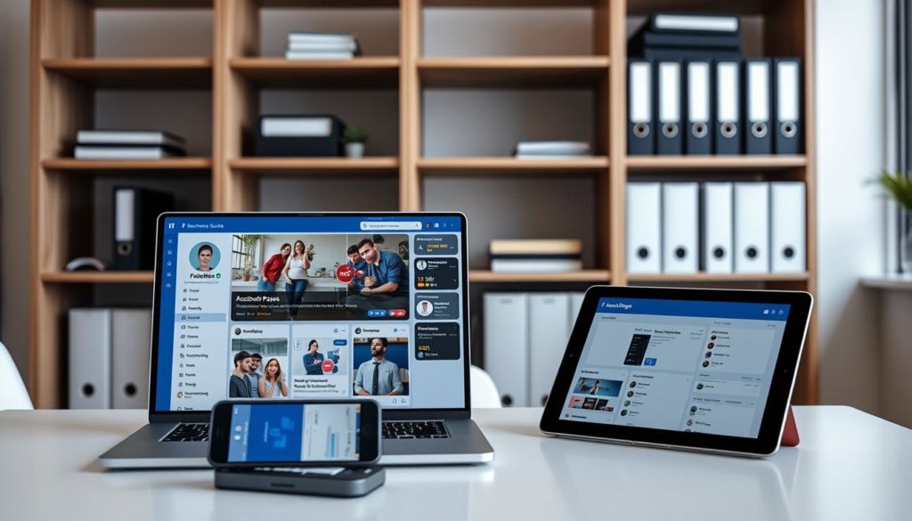 A modern and minimalist office setting, filled with various business-focused Facebook tools and features. In the foreground, a sleek laptop displays the Facebook Business Suite dashboard, its interface showcasing analytics, ad management, and community engagement tools. On the desk, a stylized smartphone displays the Facebook Pages app, alongside a tablet running the Facebook Ads Manager. In the background, shelves hold neatly organized folders, digital devices, and other office essentials, creating a polished, productivity-focused atmosphere. Soft, indirect lighting illuminates the scene, highlighting the tools' intuitive design and functionality. The overall mood conveys a sense of efficient digital marketing solutions tailored for small and medium-sized enterprises.