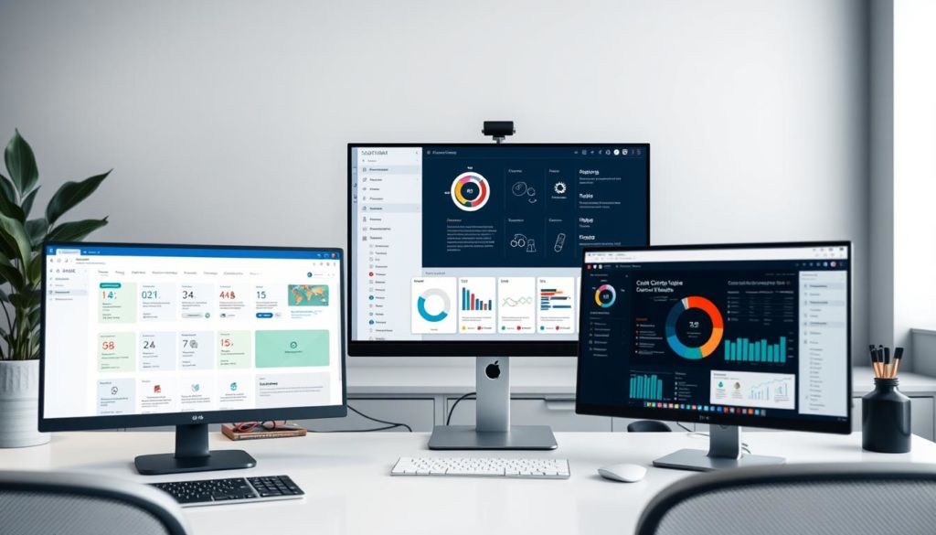 A modern and minimalist software suite displayed on a clean and organized office desktop. In the foreground, several application windows are open, showcasing features like document management, collaboration tools, and analytics dashboards. The middle ground features a central monitor displaying an overview of the software's key functions, while the background has muted tones of greys and blues, conveying a sense of professionalism and efficiency. The lighting is soft and diffused, creating a subtle, yet productive atmosphere. The camera angle is slightly elevated, providing a comprehensive view of the workspace and digital tools.