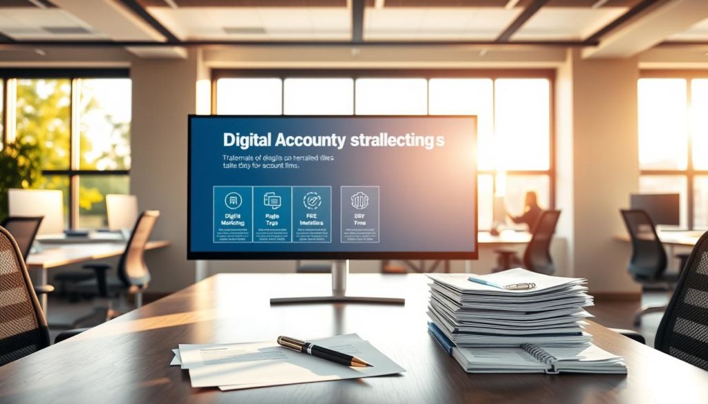 A modern and professional accounting office, its windows bathed in warm afternoon sunlight. In the foreground, a well-designed advertisement showcases various digital marketing strategies tailored for accounting firms, displayed on a large monitor. Centered on the desk, a pen, a notebook, and a stack of invoices suggest the practical application of these marketing techniques. The middle ground features ergonomic workstations, where accountants collaborate on client projects. The background reveals a clean, minimalist decor, reflecting the precision and efficiency of the firm's operations.