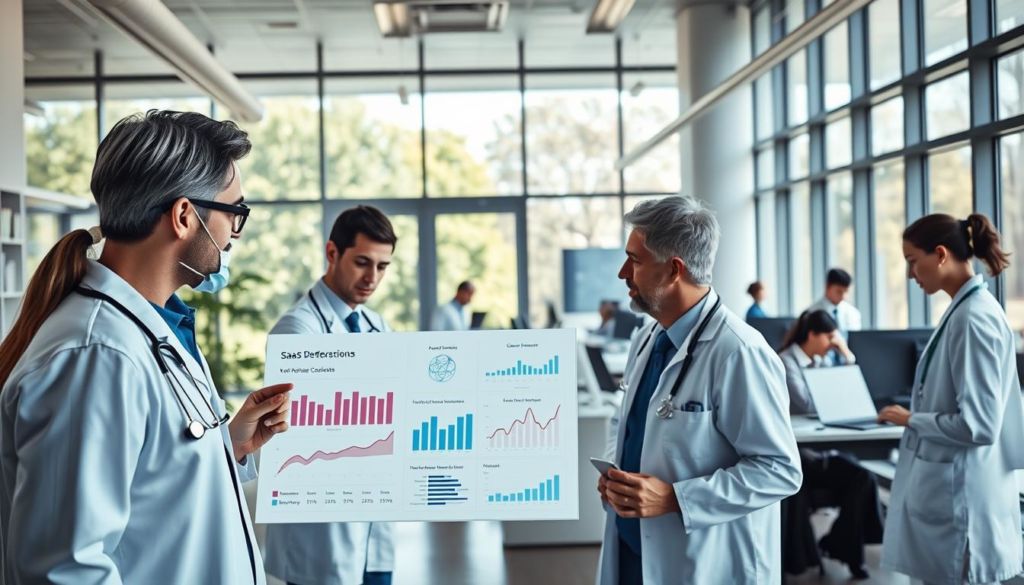 A modern and professional healthcare office, filled with bright natural light streaming through large windows. In the foreground, medical professionals are collaborating on a digital dashboard, reviewing key performance metrics for their SaaS-powered practice management system. At the center, a team meeting discusses successful patient outcomes enabled by their innovative digital tools. In the background, other staff members work efficiently using cloud-based software, illustrating the broader organizational transformation brought about by the adoption of SaaS technology. An atmosphere of innovation, productivity, and patient-centric care permeates the scene.