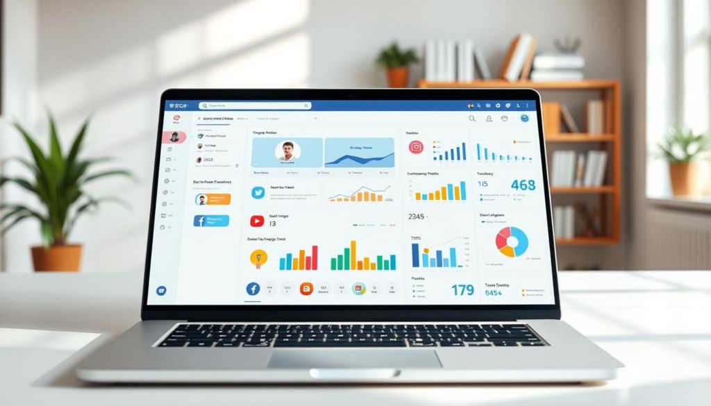 A modern and professional social media interface for psychologists, showcasing various platforms and tools. In the foreground, a laptop screen displays a clean, minimalist dashboard with icons representing different social media apps. The middle ground features colorful graphs, charts, and analytics visualizing engagement metrics and audience insights. The background evokes a serene, light-filled office setting with plants, bookshelves, and subtle geometric patterns on the walls, creating a calming, productivity-focused atmosphere. Soft, directional lighting casts gentle shadows, emphasizing the sleek, high-tech aesthetic. The overall composition conveys the idea of psychologists leveraging social media strategically to connect with clients and build their practice.