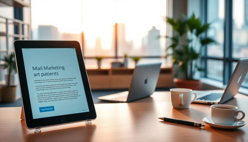 A modern and sleek medical office with a cozy, professional atmosphere. In the foreground, a digital tablet displays an e-mail marketing campaign targeted at patients, featuring customized content and a clean, minimalist design. The middle ground showcases a well-organized desk with a laptop, pen, and a cup of coffee, conveying a sense of productivity and efficiency. The background features large windows overlooking a cityscape, bathed in soft, natural lighting that creates a calming, therapeutic ambiance. The overall scene exudes a sense of trust, expertise, and a patient-centric approach to e-mail marketing for medical professionals.