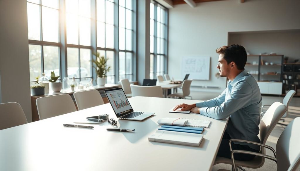 A modern and sleek office setting, with a large desk in the center. On the desk, an open laptop and various office supplies, arranged neatly. In the foreground, a person sitting at the desk, deep in thought, pondering performance indicators on the laptop screen. Soft, natural lighting filters in through large windows, casting a warm, productive glow. The background features minimalist, contemporary decor, with neutral tones and clean lines, creating a focused and professional atmosphere. The overall scene conveys the thoughtful process of selecting and evaluating key performance indicators to drive organizational success.