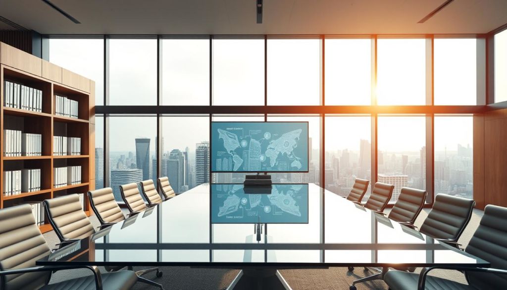 A modern and sophisticated office interior with a large panoramic window overlooking a bustling city skyline. The foreground features a sleek glass conference table surrounded by ergonomic chairs, while the middle ground showcases minimalist shelving units displaying legal tomes and regulatory documents. In the background, a large display screen projects dynamic visualizations of data protection policies and security protocols. Soft, indirect lighting creates a professional and authoritative atmosphere, complemented by the warm wood tones and muted color palette. The overall scene conveys a sense of institutional authority, technological innovation, and legal compliance in the realm of recurring payments and data privacy.