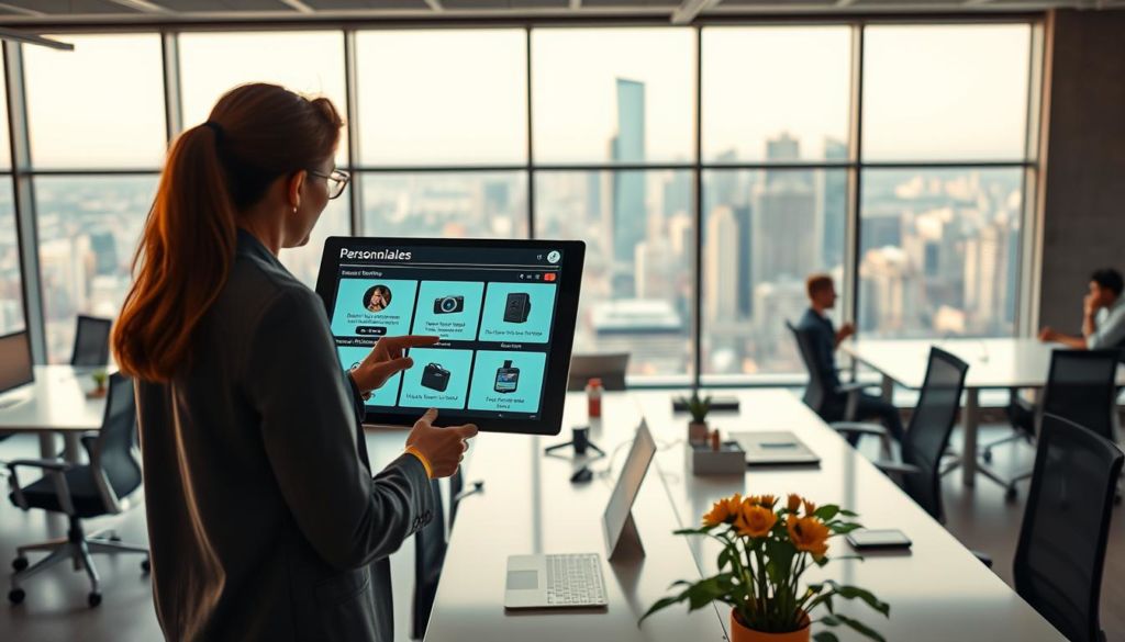 A modern and vibrant office setting with a focus on personalized sales. In the foreground, a sales representative engages with a customer on a sleek, high-resolution touchscreen display, showcasing personalized product recommendations and tailored offers. The middle ground features an open-plan workspace with minimalist desks, ergonomic chairs, and a collaborative atmosphere. The background presents a panoramic city skyline visible through large windows, bathed in warm, diffused lighting that creates a professional yet inviting ambiance. The overall scene conveys a sense of data-driven, customer-centric sales practices that optimize the client experience.