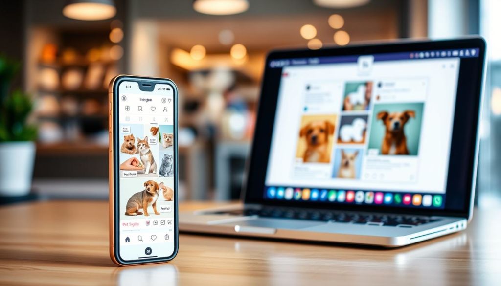 A modern and vibrant pet shop's social media presence, captured in a sleek and visually appealing digital composition. In the foreground, a stylized smartphone display showcases a pet shop's Instagram feed, featuring beautifully curated images of adorable animals, product highlights, and engaging posts. The middle ground depicts a laptop screen, with various social media platform icons, representing the diverse online channels the pet shop utilizes to connect with its customers. In the background, a softly blurred image of the pet shop's storefront or interior, suggesting the real-world connection between the digital and physical realms of the business. The overall mood is one of a well-coordinated, visually captivating social media strategy that effectively promotes the pet shop's brand and offerings.