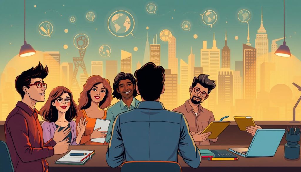A modern and visually engaging illustration depicting "techniques for writing an impactful introduction". The foreground features a diverse group of people brainstorming, each with a unique expression and body language, representing the collaborative and creative process of crafting an effective introduction. The middle ground showcases various writing implements, notebooks, and digital devices, symbolizing the tools and media used in the writing process. The background depicts a dynamic cityscape or workspace, conveying a sense of hustle, inspiration, and productivity. Warm lighting casts a soft glow, creating an inviting and focused atmosphere. The composition is balanced, with a clear focal point and harmonious color palette, guiding the viewer's eye through the scene.
