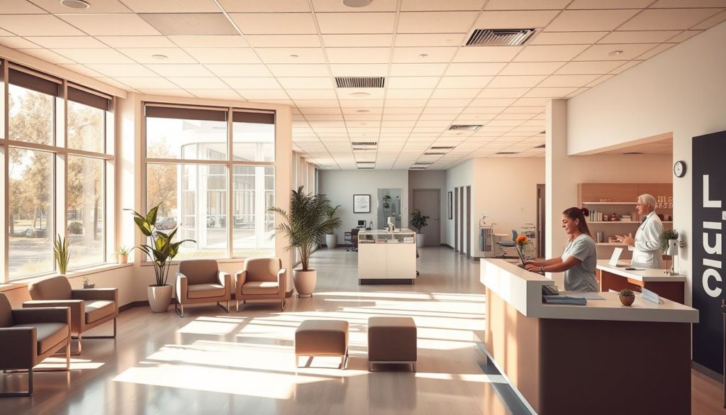 A modern and welcoming medical clinic interior, bathed in warm natural lighting that streams through large windows. In the foreground, a clean and inviting reception area with a friendly receptionist greeting patients. The middle ground features comfortable seating and soothing decor, conveying a sense of safety and professionalism. In the background, various exam rooms and healthcare facilities are visible, exuding an atmosphere of trusted medical care. The overall scene emanates a calming and secure ambiance, reflecting the benefits of choosing a well-reviewed and reputable healthcare provider.