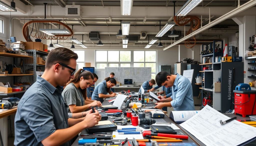 A modern and well-equipped workshop, filled with a diverse array of tools and equipment. In the foreground, a group of trainees intently focus on their hands-on tasks, their expressions conveying a sense of concentration and determination. The middle ground showcases a mix of technical diagrams, schematics, and instructional materials, hinting at the theoretical knowledge being imparted alongside the practical training. The background reveals a spacious, well-lit environment with large windows, allowing natural light to enhance the atmosphere of learning and discovery. The overall scene emanates a palpable energy of engaged, experiential learning, capturing the essence of "Aprendizado Prático e Experiencial".