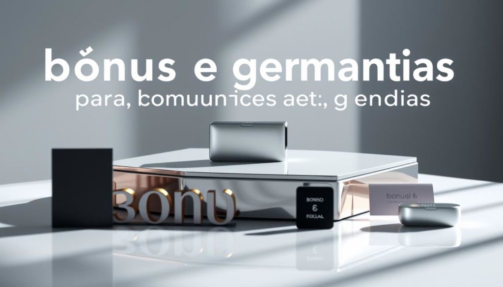 A modern, captivating image of "bônus e garantias para aumentar vendas". A sleek and sophisticated product presentation takes center stage, showcased on a polished, reflective surface. Elegant typography and branding elements subtly enhance the scene, creating a premium, high-end aesthetic. Soft, directional lighting casts subtle shadows, emphasizing the depth and dimensionality of the composition. The overall mood is one of professionalism, quality, and confidence - perfectly capturing the essence of the "Oferecendo bônus e garantias" section of the marketing article.