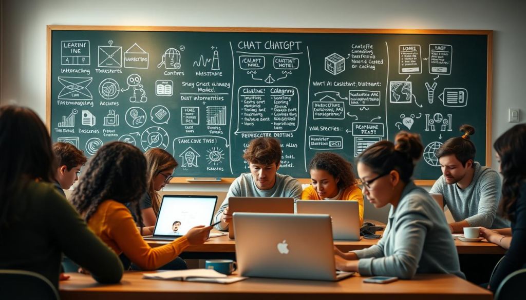 A modern classroom setting with a large chalkboard in the background, showcasing various educational illustrations and diagrams related to the ChatGPT language model. In the foreground, a group of diverse students intently focused on their laptops, deeply engaged in interactive learning tasks powered by the AI assistant. The lighting is warm and natural, creating a cozy, inviting atmosphere conducive to intellectual discourse. The composition is balanced, with the students and their technology taking center stage, while the chalkboard and educational materials provide a rich, contextual backdrop. The scene conveys the seamless integration of cutting-edge AI technology into the educational landscape, empowering students and transforming the learning experience.
