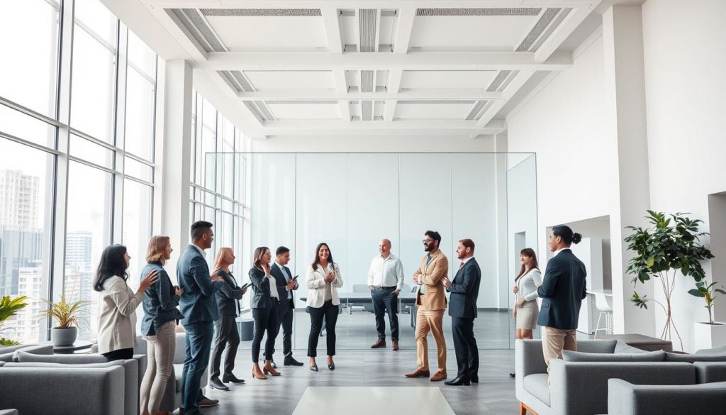 A modern, clean, and minimalist corporate office interior with large windows and an open floor plan. The room is filled with natural light, creating a bright and airy atmosphere. In the foreground, a group of diverse professionals are engaged in an animated discussion, their body language and facial expressions conveying a sense of openness and transparency. In the middle ground, a large, clear glass wall separates the conference room, allowing unobstructed visibility and promoting open communication. The background features sleek, minimalist furniture and décor, with a subtle palette of grays, whites, and blues, reinforcing the professional and transparent nature of the corporate environment.