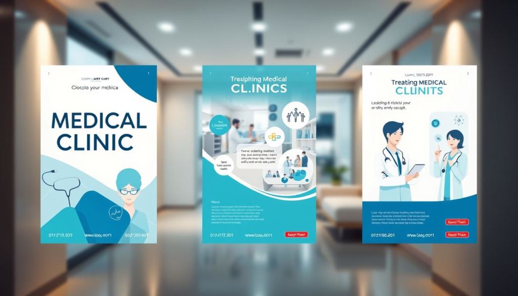 A modern, clean, and visually appealing set of medical clinic advertisements. The foreground features a minimalist layout with striking typography, geometric shapes, and a soothing color palette of blues, whites, and grays. The middle ground showcases medical icons, illustrations of healthcare professionals, and subtly branded elements. The background evokes a sense of professionalism and trustworthiness, with a blurred clinic interior or medical imagery. The lighting is soft and diffused, creating a calming atmosphere. The camera angle is slightly elevated, giving the viewer a sense of authority and reliability. The overall mood is one of competence, care, and accessibility, reflecting the high-quality services of the medical clinic.