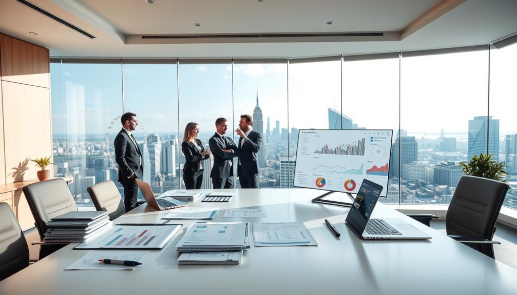 A modern, clean-lined office setting, with a large, well-lit desk in the foreground. On the desk, a collection of neatly organized business documents, a laptop, and a sleek, minimalist data visualization dashboard displaying various performance metrics and analytical charts. The middle ground features a team of professionals, dressed in professional attire, engaged in a collaborative discussion, gesturing towards the data on the desk. The background showcases a panoramic view of a bustling city skyline, conveying a sense of the broader business environment. The overall atmosphere is one of efficiency, productivity, and a data-driven approach to post-sales performance measurement.